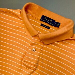 Polo Ralph Lauren Polo Shirt Men Large Custom Fit Orange Striped White Pony